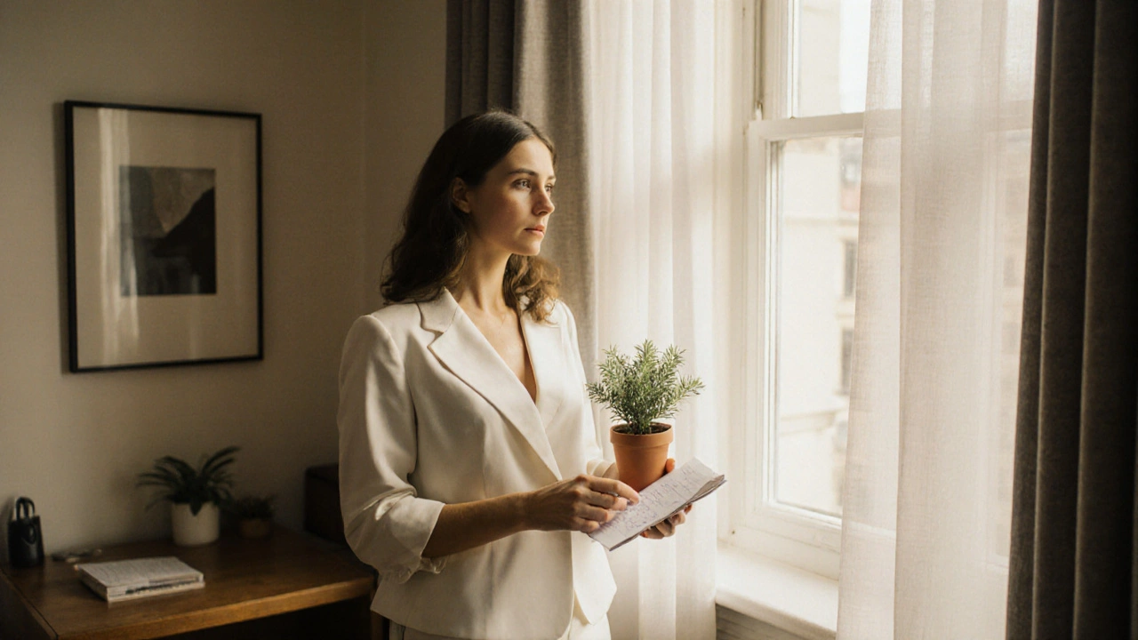 An independent escort standing by a sunlit window in her professional space, holding a note and a plant.