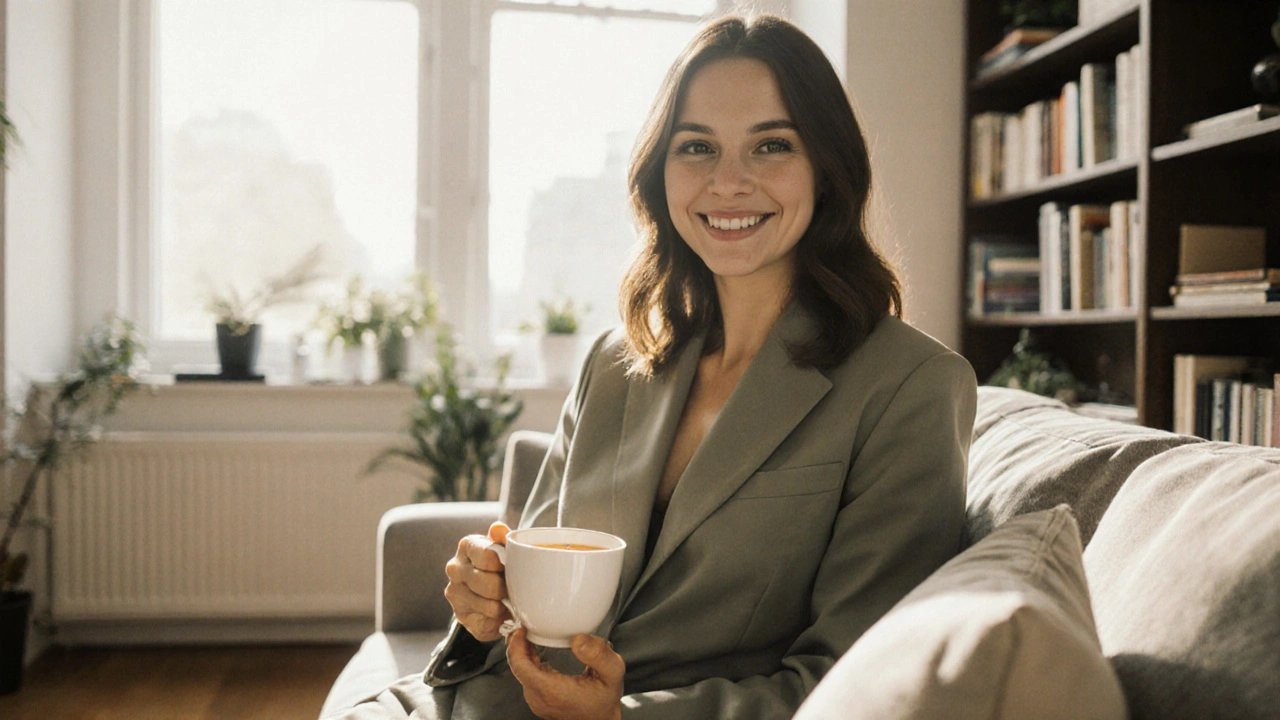 Confident woman sitting calmly in a cozy North London apartment, holding tea in natural light.