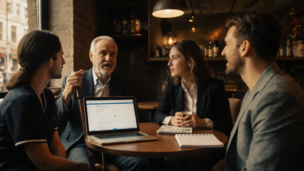 Diverse clients in a Shoreditch café, surrounded by tools of autonomy — tax guides, safety apps, and quiet mutual respect.