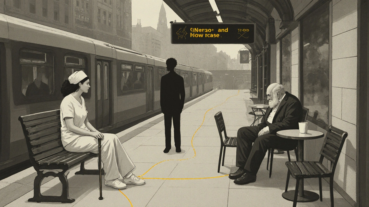 Diverse individuals in London connected symbolically by a golden thread to a compassionate companion.