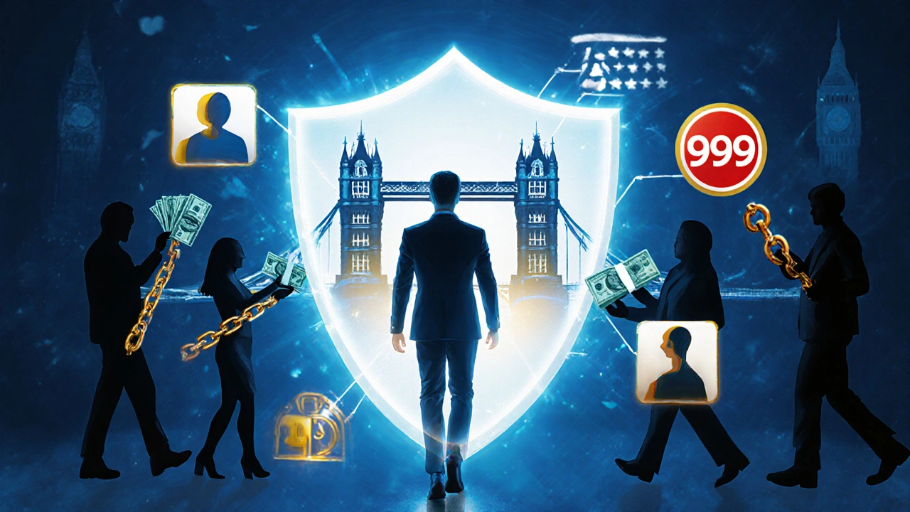 Glowing London-shaped shield protecting a person from shadowy threats like fake photos and chains.