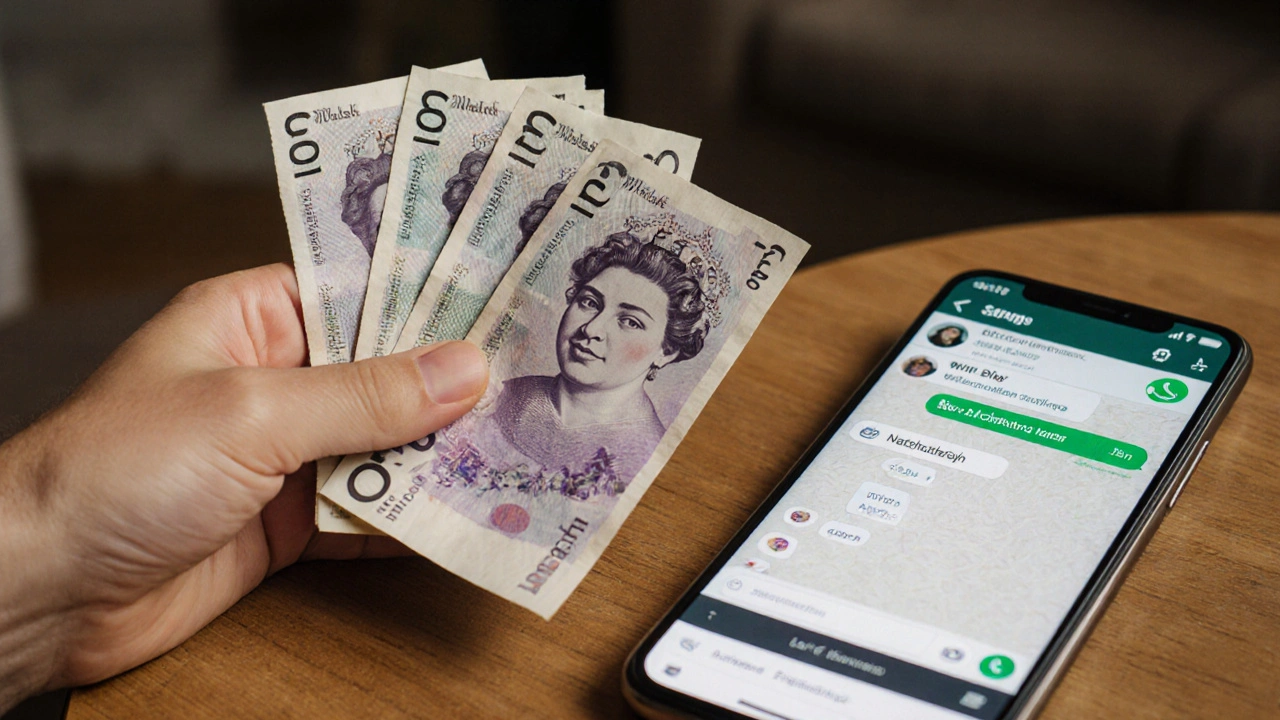 Hand holding cash on a table beside a smartphone with a verified WhatsApp chat.