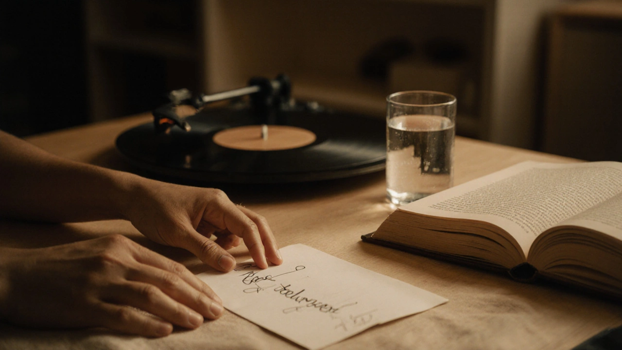 Handwritten note and glass of water on a bedside table beside an open book, warm lighting.
