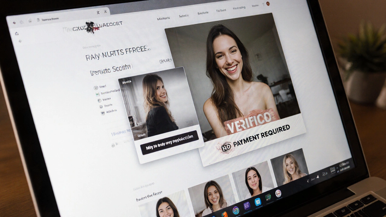Laptop screen showing a verified escort profile with live video call and payment warning.