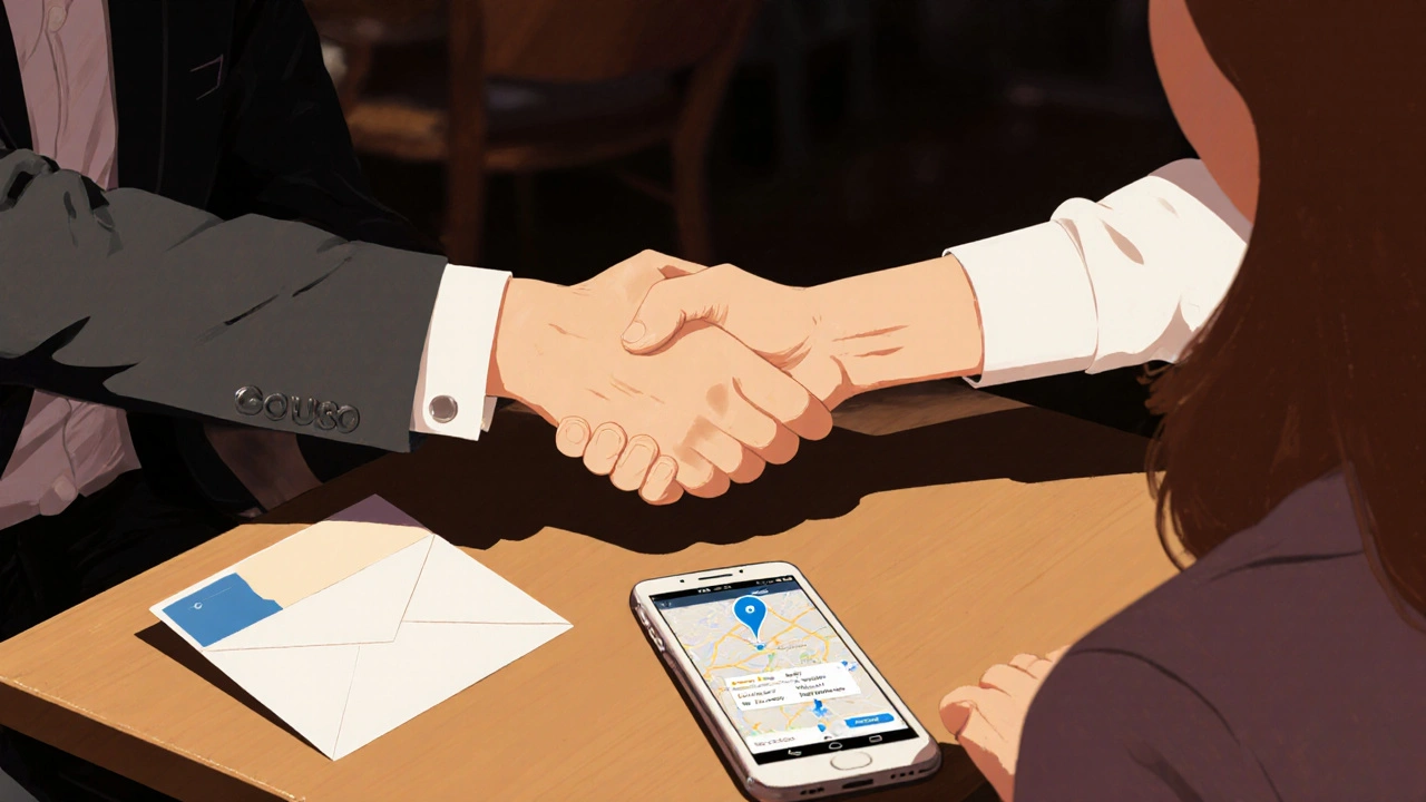 Man and woman shaking hands in a London café, payment envelope on table, phone showing location share.