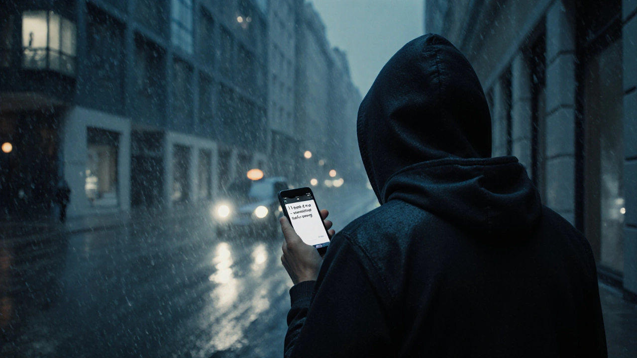Man walking away from an apartment in rainy London, looking uneasy.