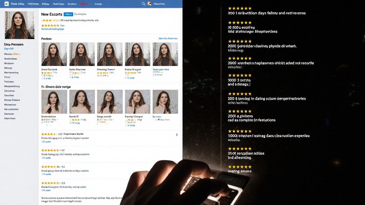 Split-screen showing a new escort with no reviews versus an established one with identical fake reviews.