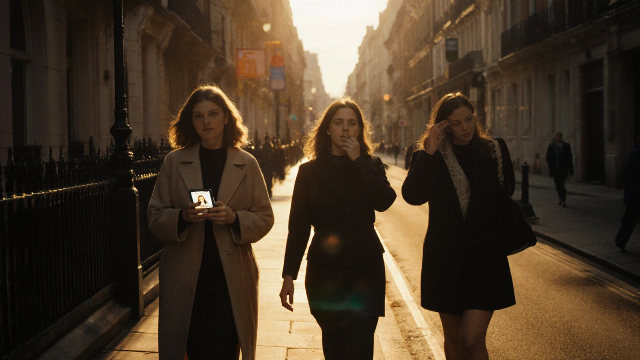 Three women in London at dawn, each representing different ways of finding escort services — visible, encrypted, or private.