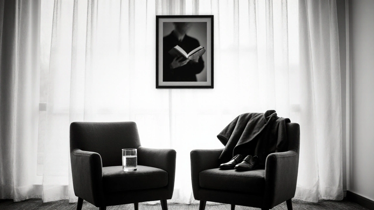Two empty chairs in a hotel room, a glass of water and folded clothes hint at a recent human connection, bathed in soft shadows.