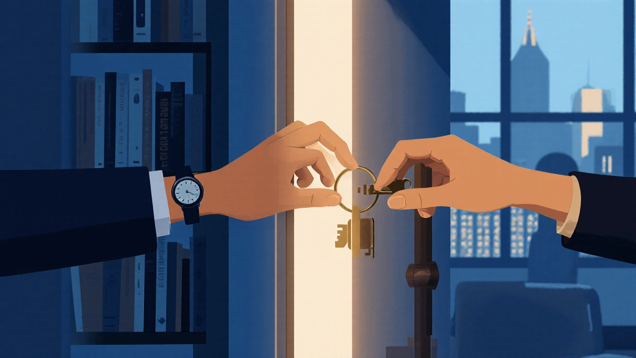 Two hands exchanging a key through a glowing doorframe, symbolizing trust and safe meeting in London.