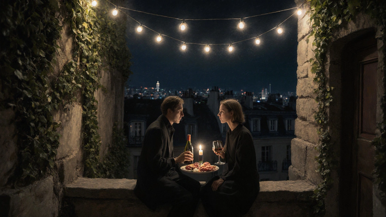 Two individuals sharing wine in a quiet, ivy-covered Paris courtyard at night.