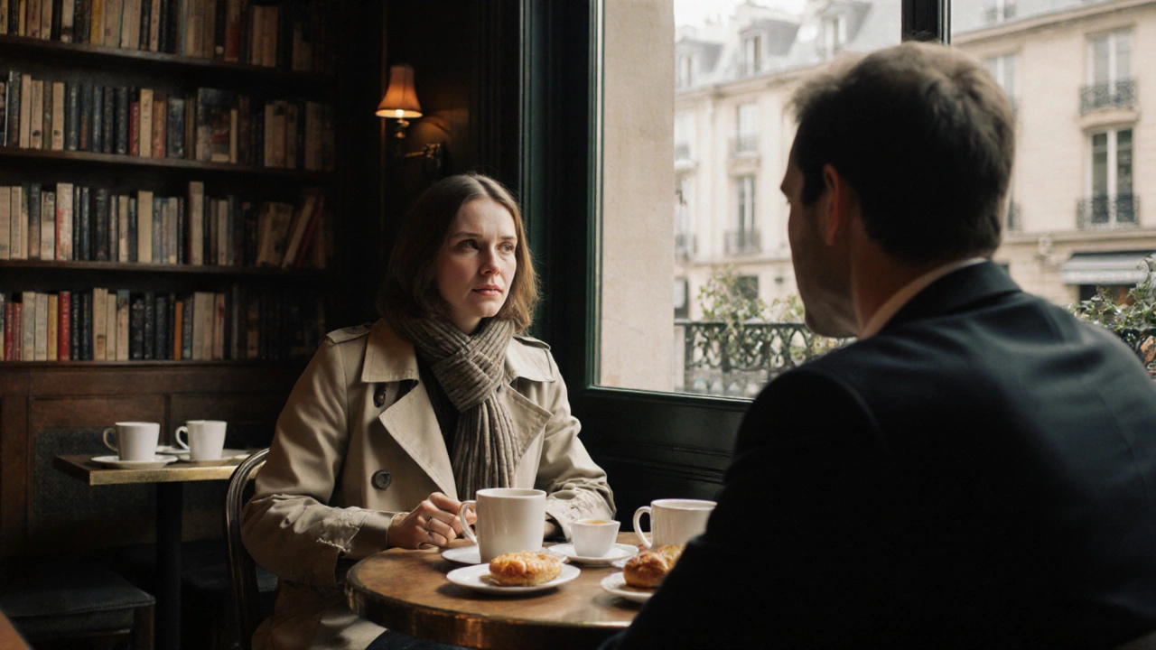 Two people engaged in thoughtful conversation at a Paris café, surrounded by books and the charm of Saint-Germain-des-Prés.