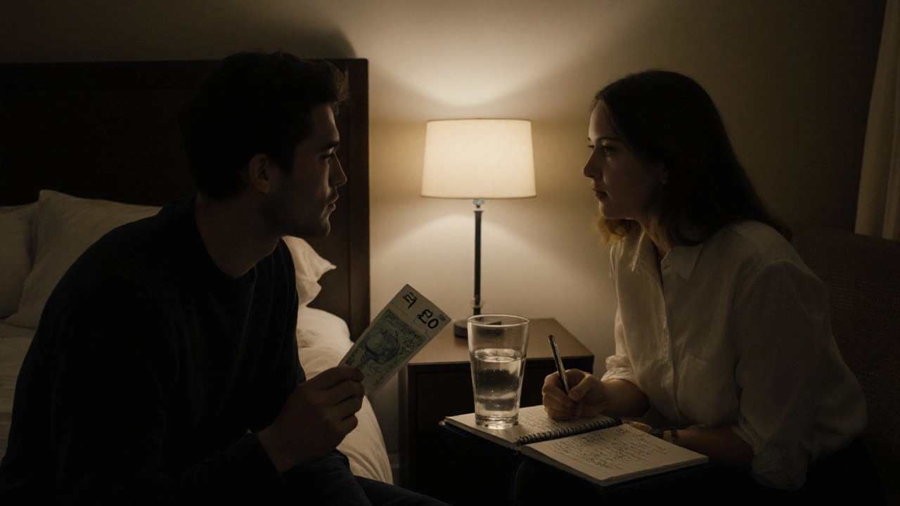 Two people in a hotel room sharing a quiet moment, no physical contact, only conversation.