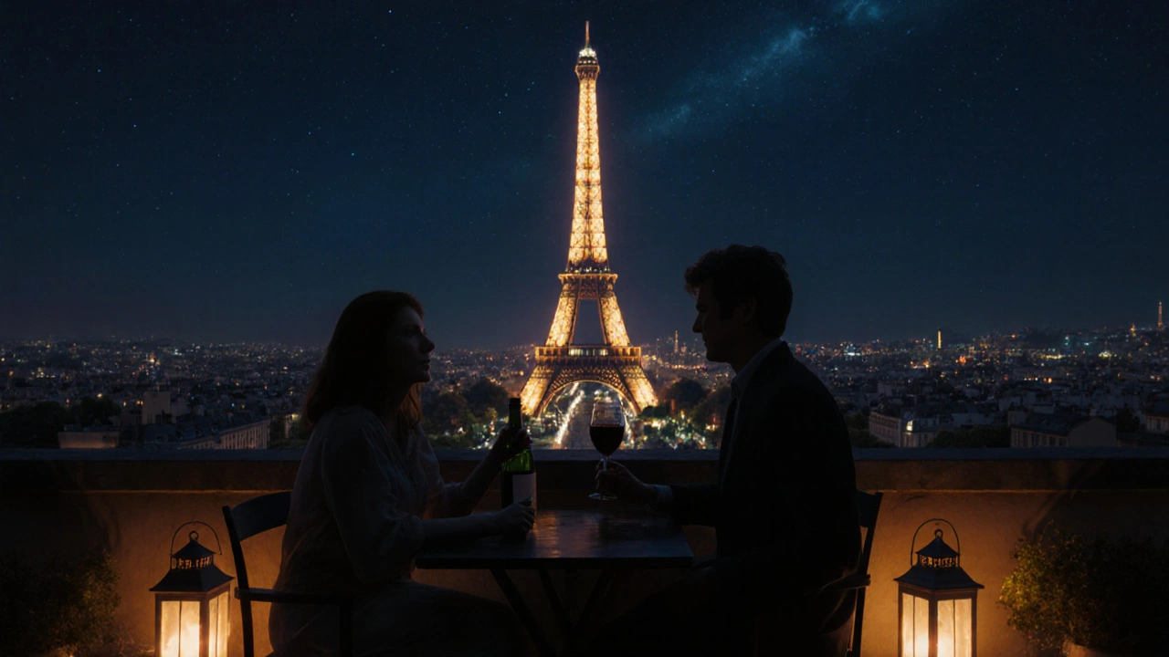 Two people on a Paris rooftop at midnight, silhouetted against the glowing Eiffel Tower.