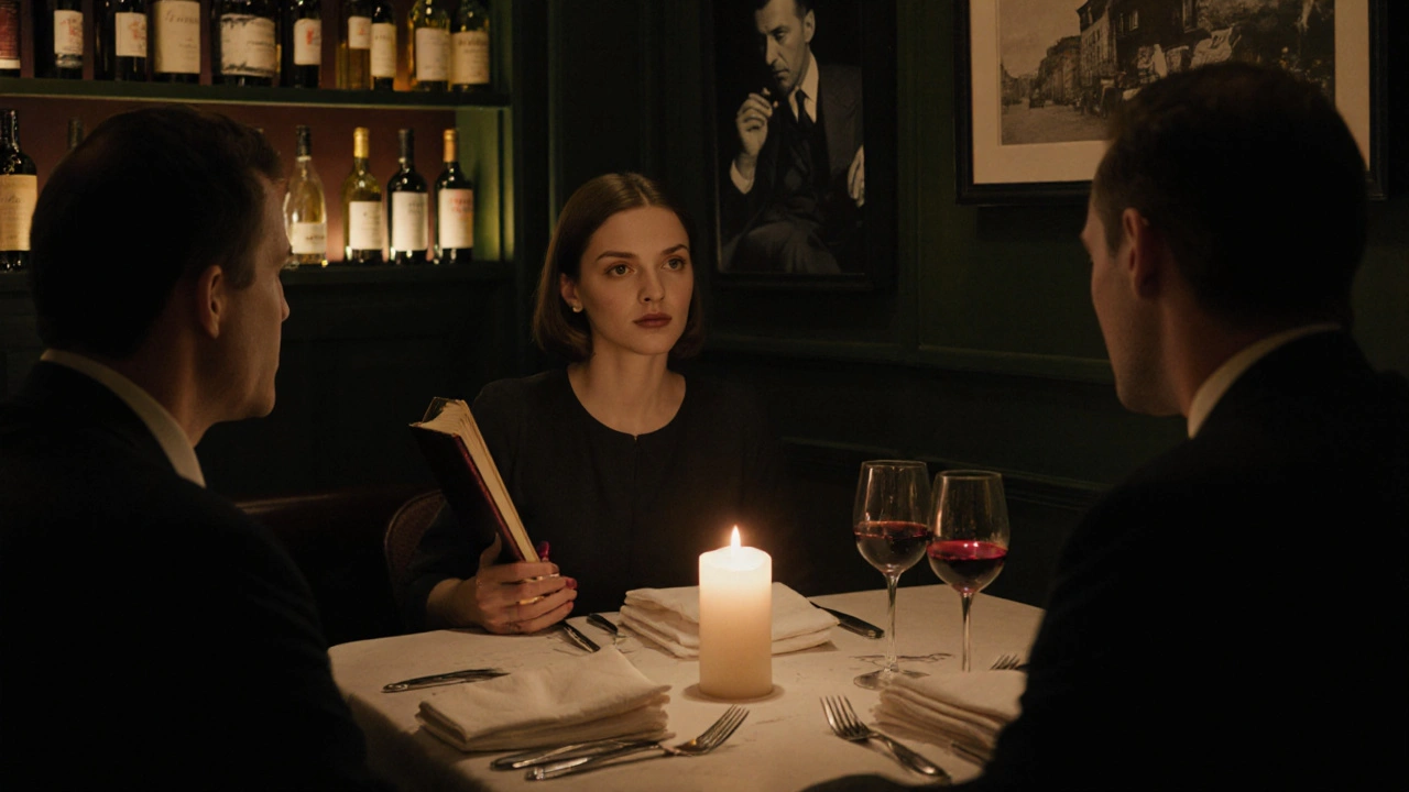 Two people share a quiet dinner at a candlelit bistro in Paris, surrounded by wine bottles and soft ambient light.