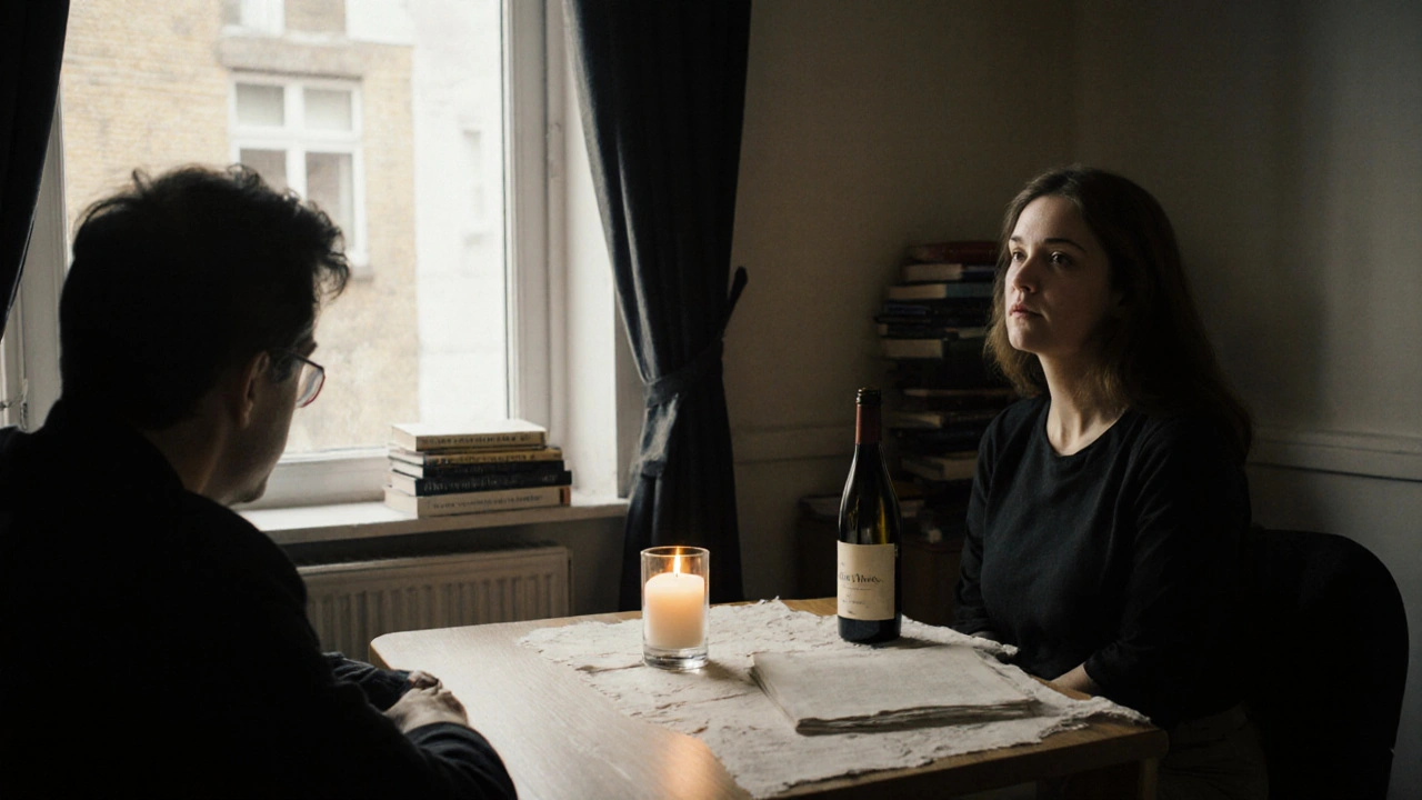 Two people sit across from each other at a small table in a quiet Hackney flat, sharing silent companionship with a candle between them.