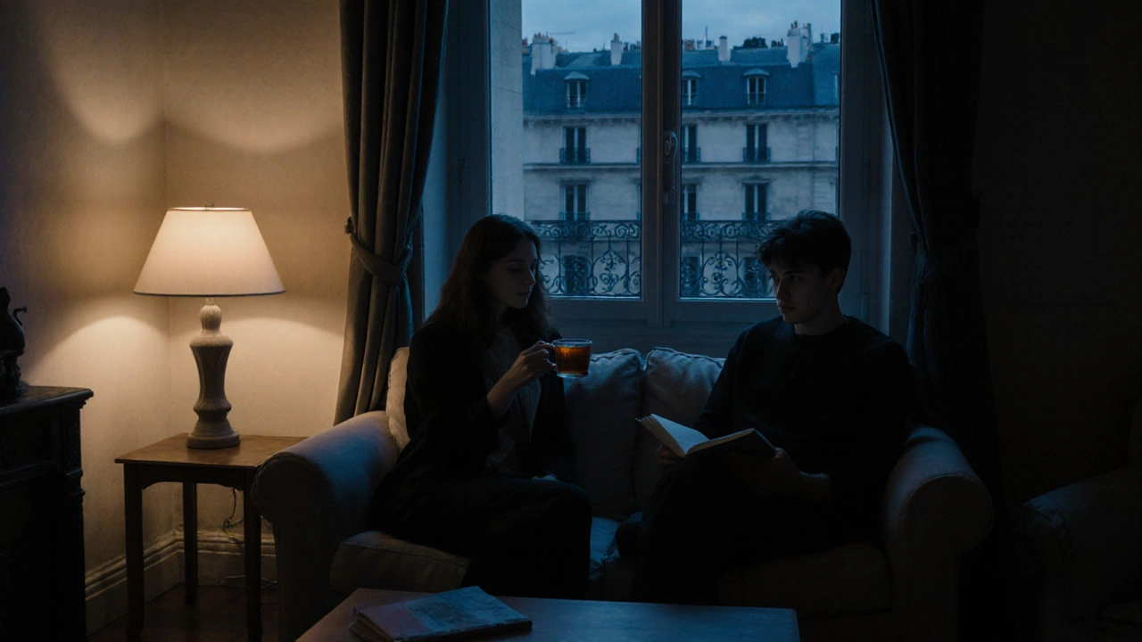 Two people sitting silently in a cozy apartment, sharing a quiet evening with tea and a book.
