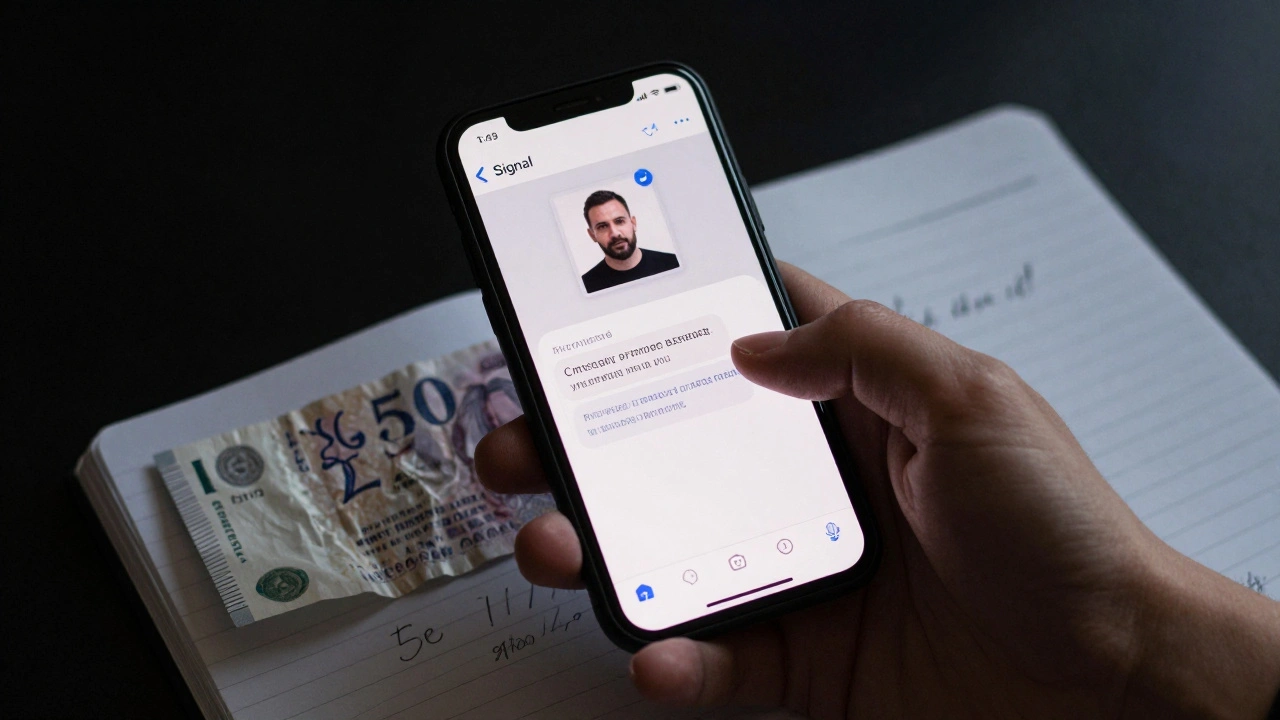 A burner phone showing an encrypted message with a verified escort profile, beside cash and a notebook.