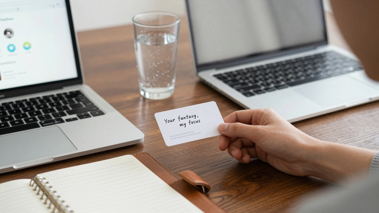 A business card and laptop showing a verified OnlyFans profile on a wooden table with a glass of water and handwritten note.
