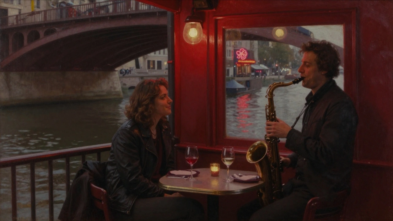 A couple enjoys quiet time in a dim jazz club under a bridge, wine glasses before them, saxophone playing softly.