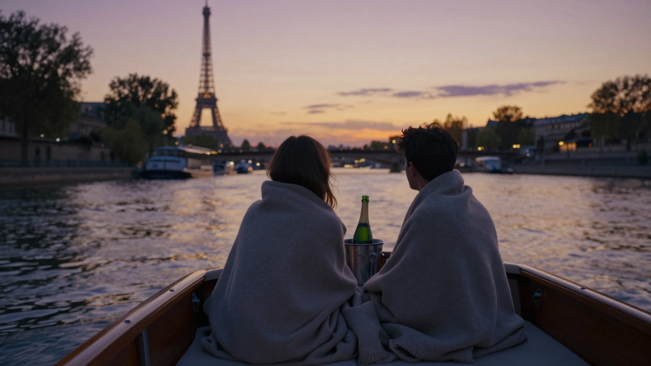 A couple on a private Seine cruise at sunset, wrapped in a blanket as the city glows behind them.
