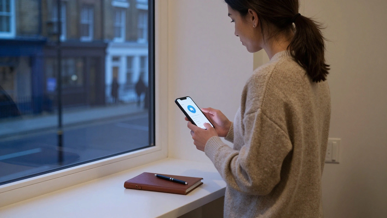 A discreet woman stands by a window in a minimalist apartment, holding an encrypted phone at dusk.