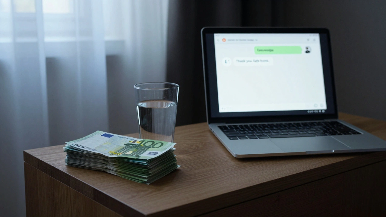 A hotel room with euros on a nightstand and an open laptop showing a thank-you message.
