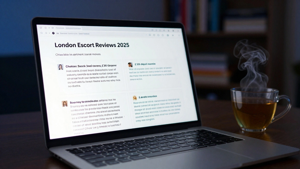 A laptop screen displays detailed escort reviews in a quiet London apartment, tea beside it.