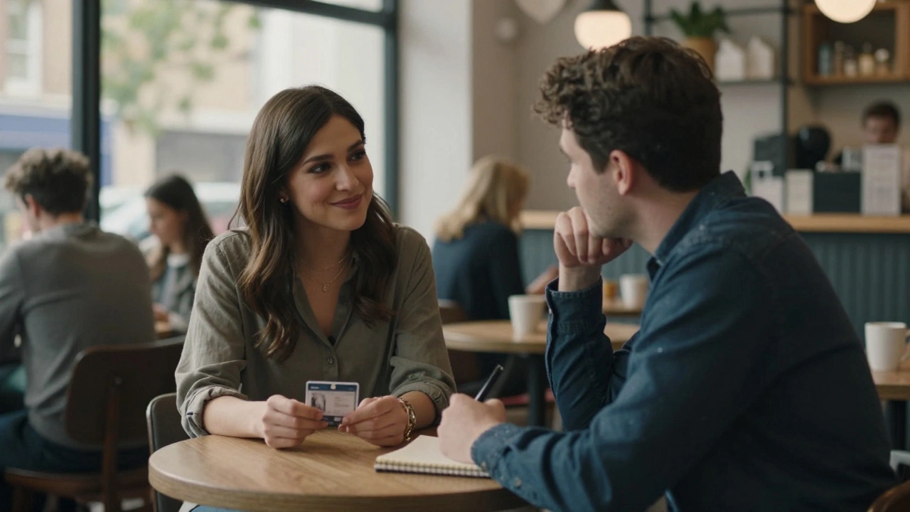 A man and woman meeting cautiously in a London coffee shop, exchanging polite conversation.
