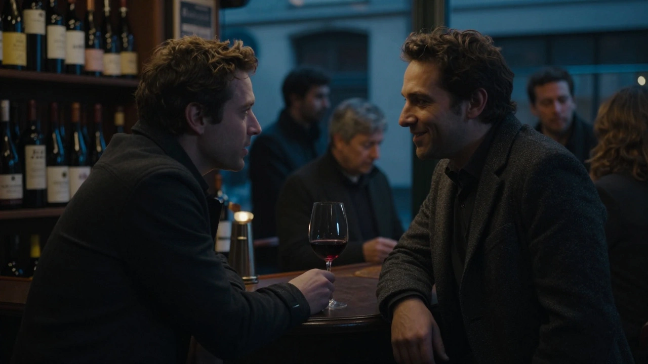 A man speaks softly to a bartender in a dim wine bar, the atmosphere filled with unspoken trust.