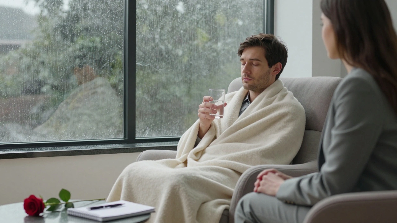 A man wrapped in a blanket after a session, holding water, as rain falls outside and a red rose rests on the table.