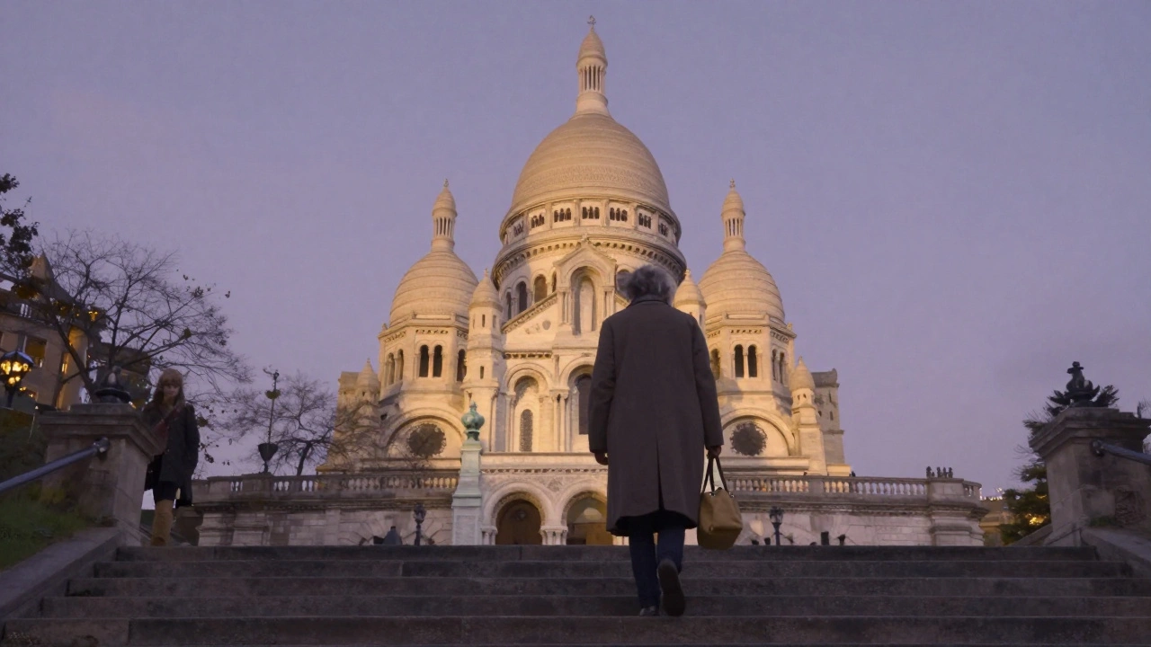 A person walking up the steps of Sacré-Cœur at dusk, back turned, with Paris skyline behind.