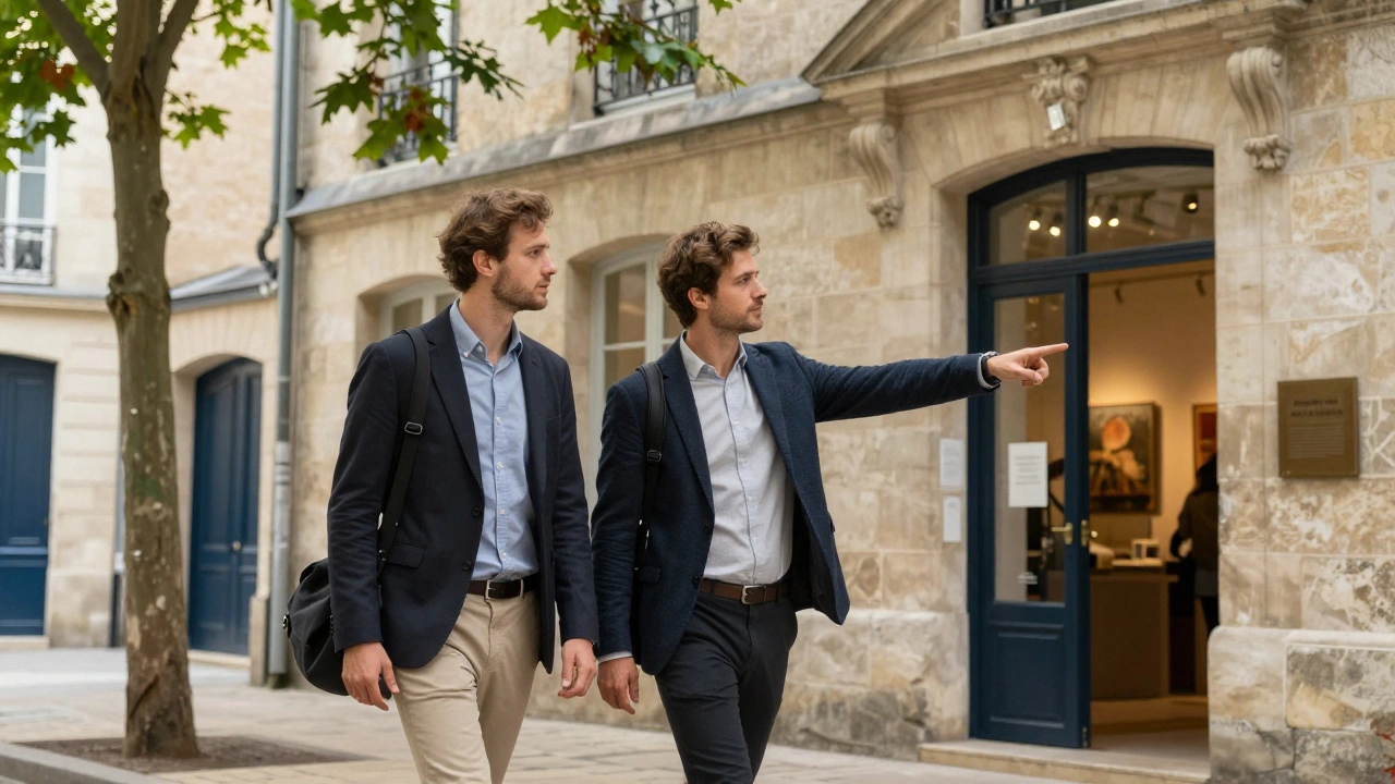 A professional companion guiding a traveler through Le Marais, pointing to a hidden gallery.