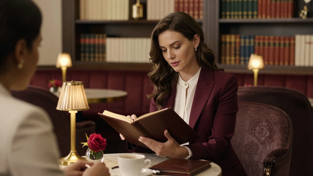 A professional escort reviewing an itinerary with a client in a luxurious Paris hotel lounge, books and rose on table.