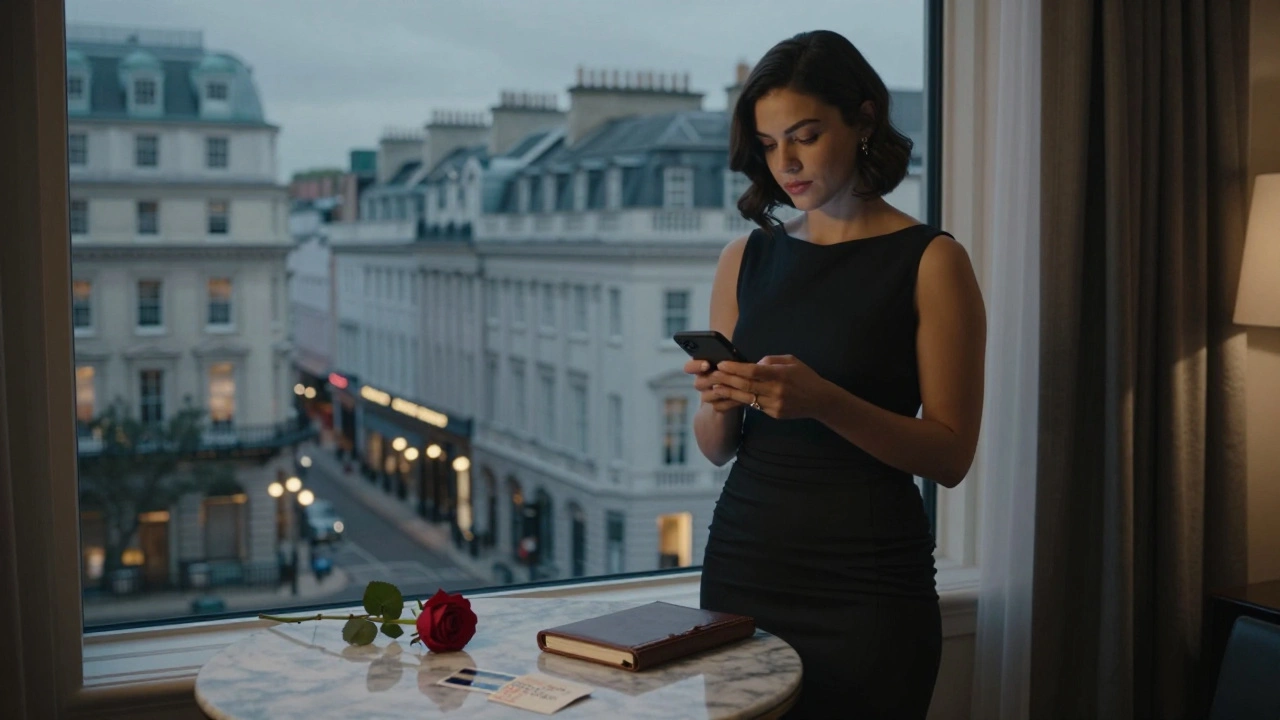 A professional escort stands by a hotel window in Knightsbridge, dressed in black, with a rose and notebook on the table.