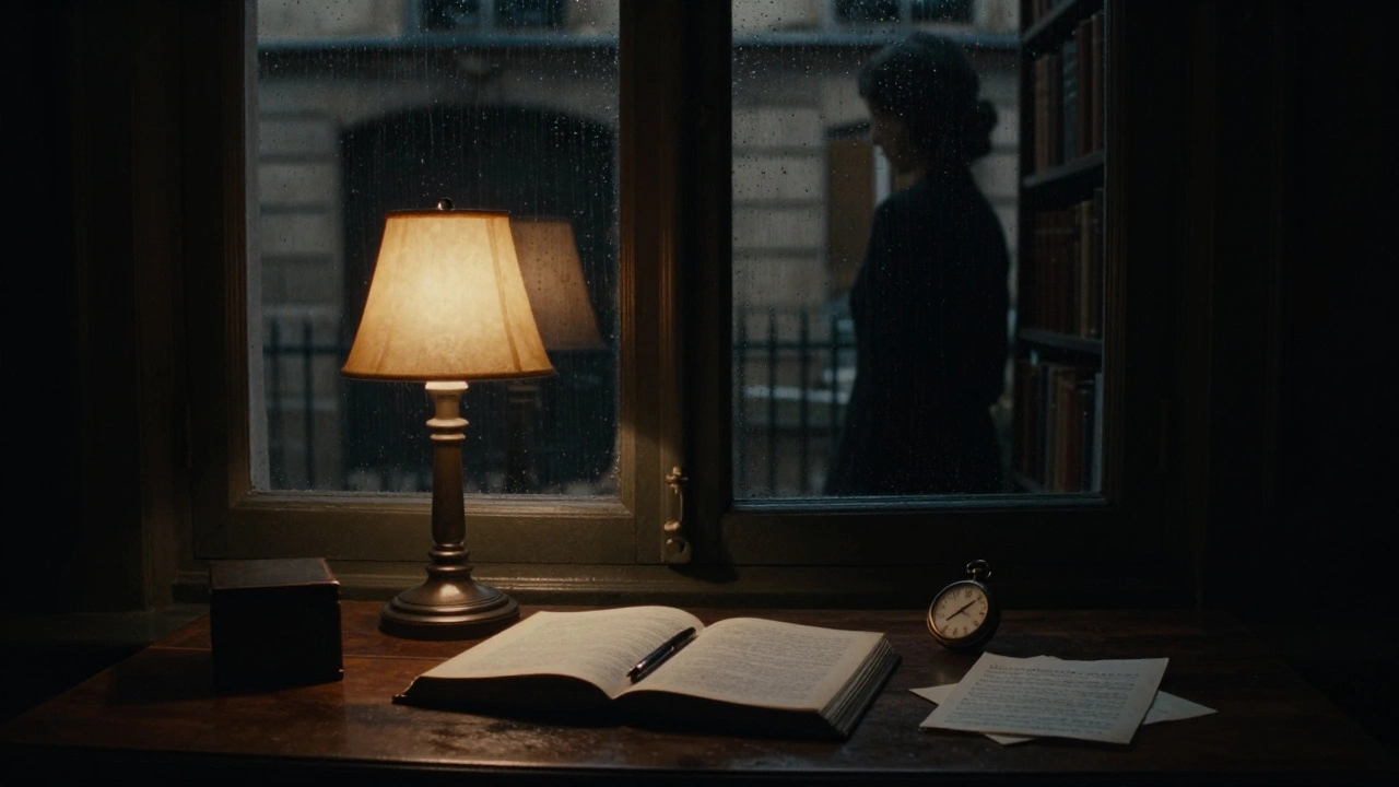 A rain-blurred window at night reflecting a lamplit study with journal and pocket watch on a desk.