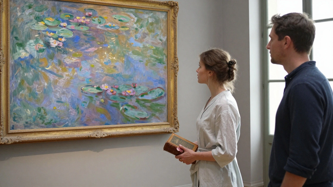 A woman and man quietly reflect together before a Monet painting in the Musée d'Orsay.