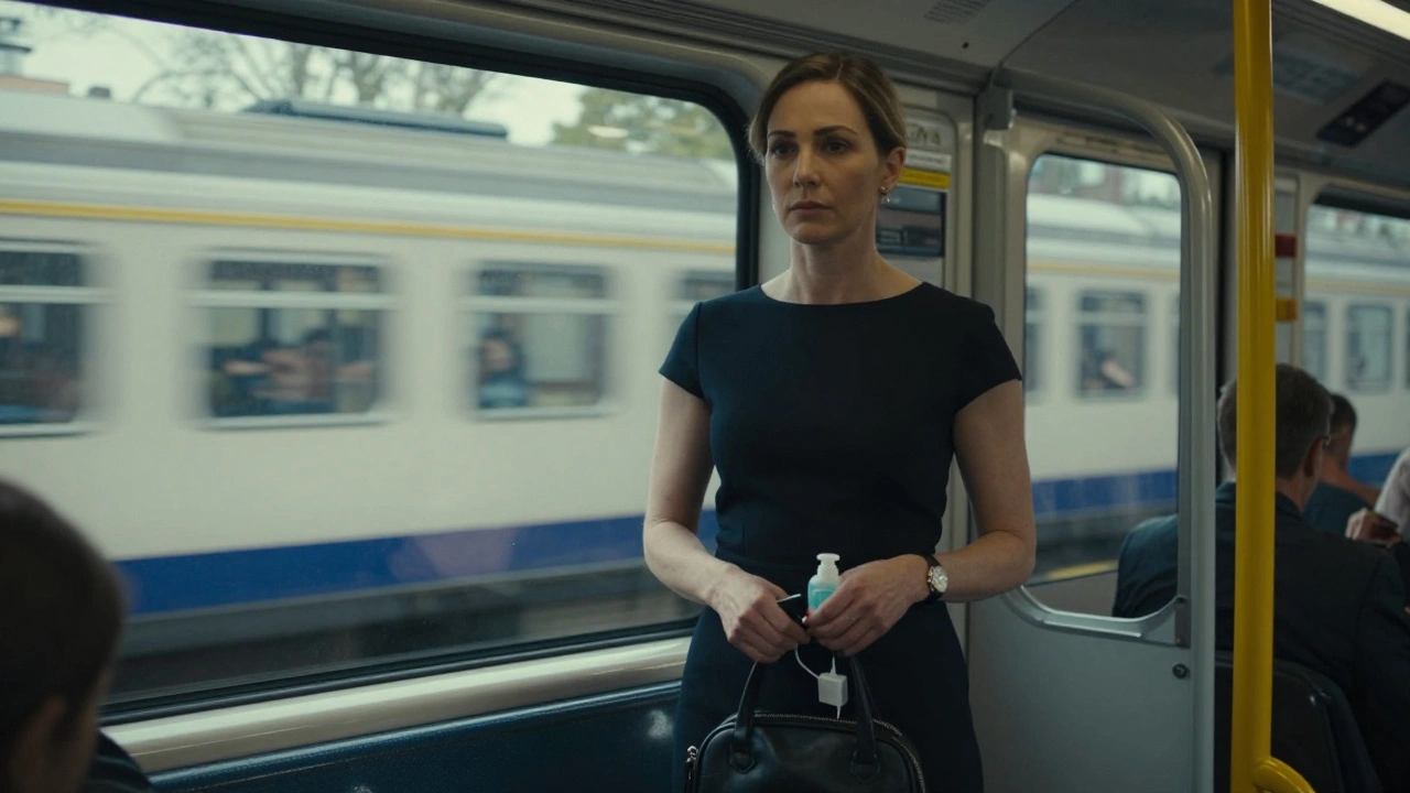 A woman commuting alone on the Tube in West London, dressed in black, calm and composed.