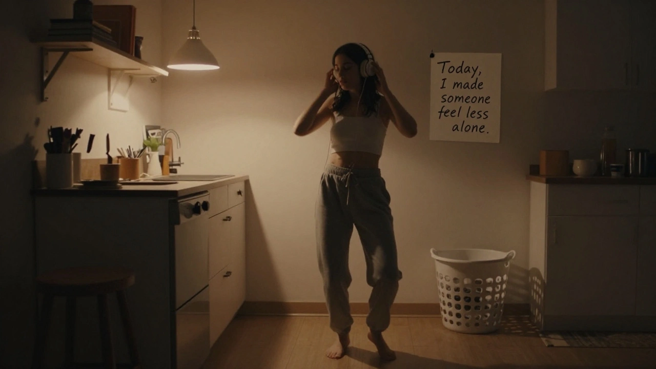 A woman dancing alone in her kitchen at night, wearing sweatpants, lit by a single soft light.