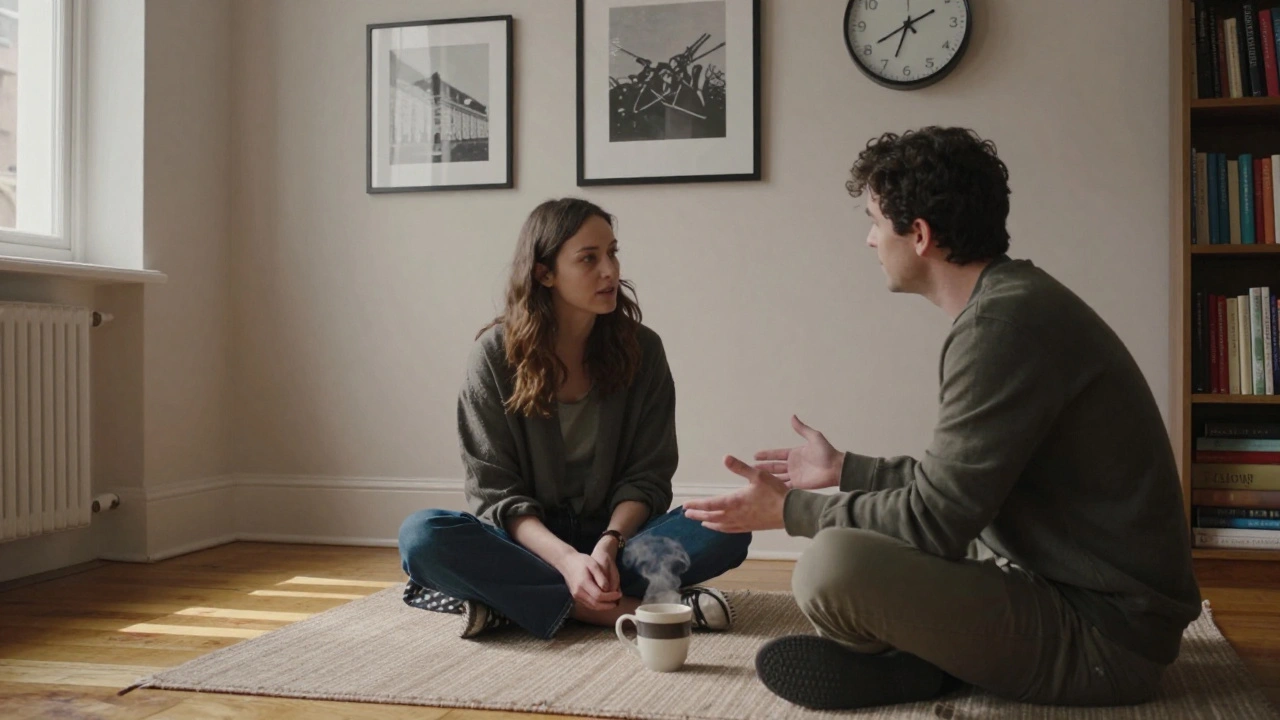 A woman listening intently to a man in a cozy, book-filled flat during a rainy afternoon.