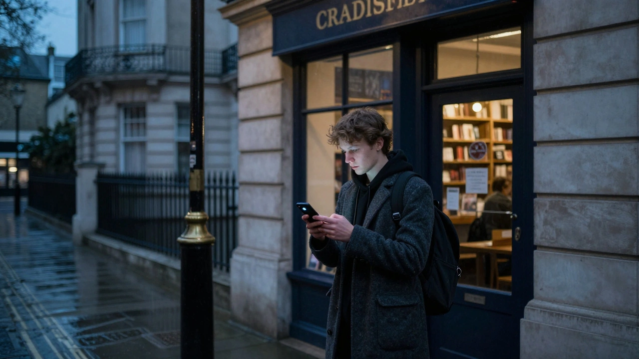 A young Russian student hesitating before entering a bookstore café on a rainy London evening.