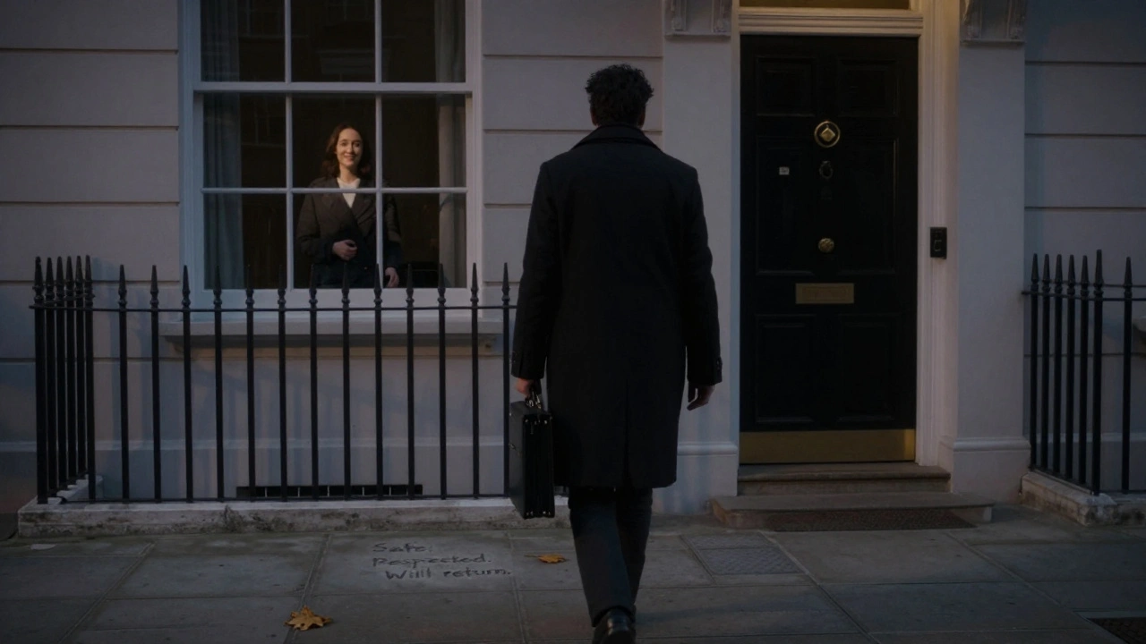 An anonymous figure walks away from a Chelsea townhouse at twilight, reflection shows polite farewell.