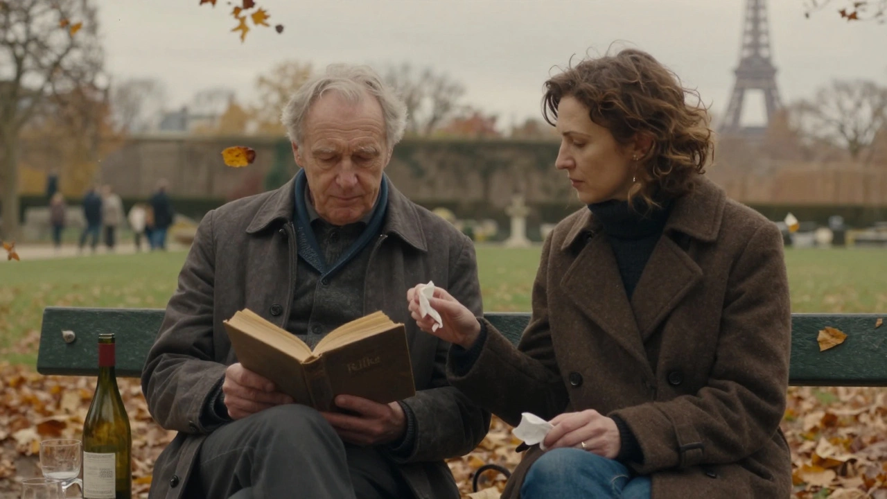 An elderly man and woman reading poetry together on a bench in Luxembourg Gardens.