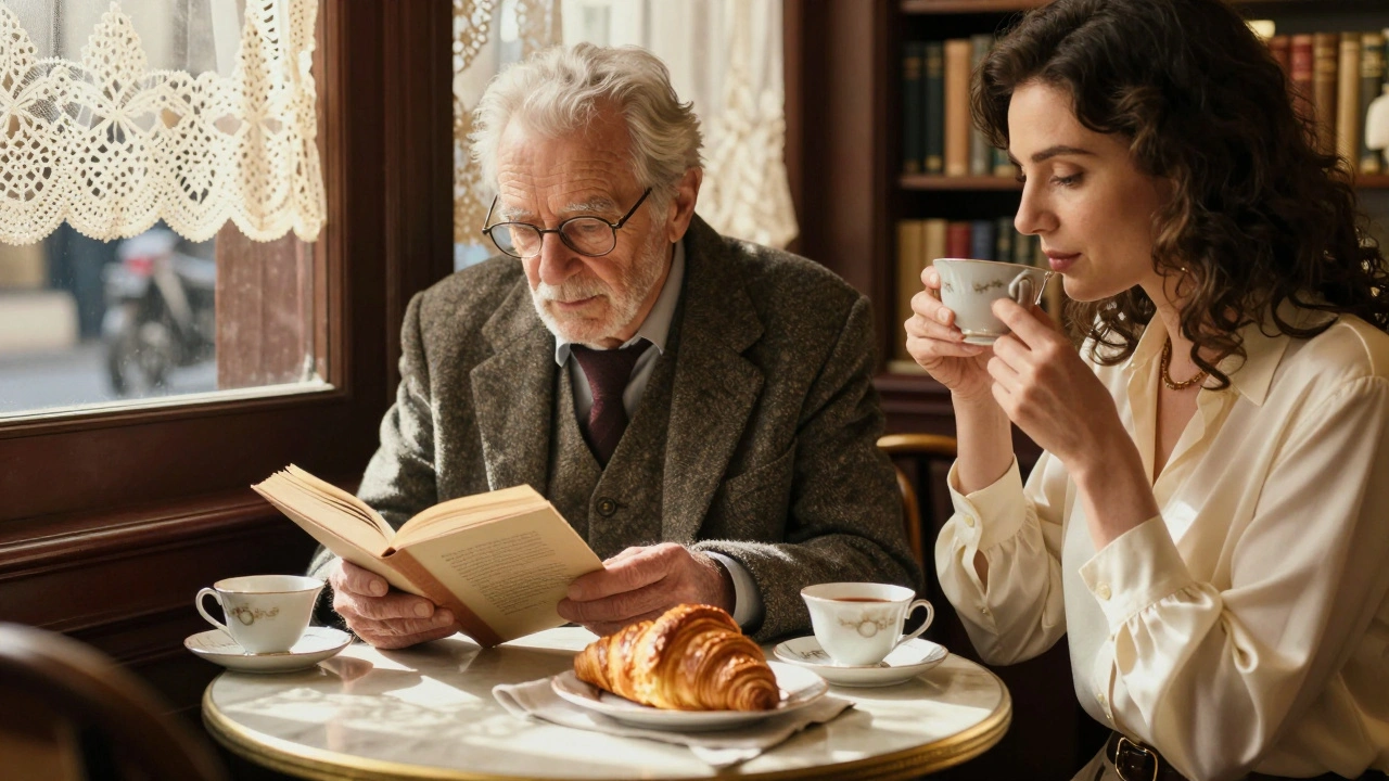 An elderly man reading Proust with a companion over tea in a historic Parisian patisserie.