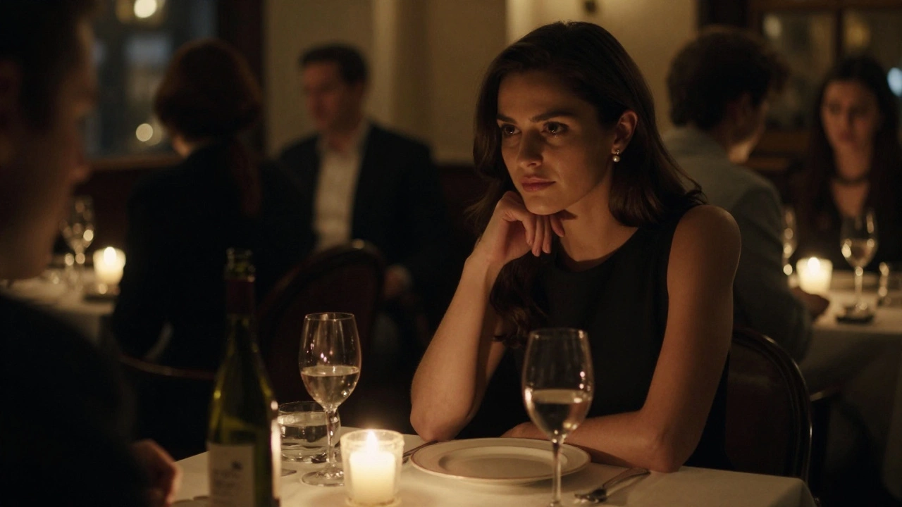 An elegant woman listens thoughtfully to a client during a quiet dinner in a refined London restaurant.