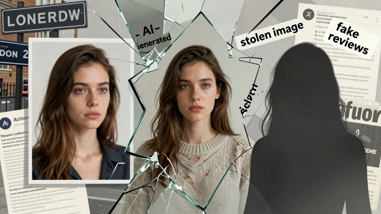 Fractured mirror reflecting three versions of a woman: stock photo, real person, and ghostly scam silhouette among forum text.