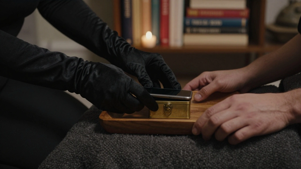 Gloved hands placing a phone into a brass lockbox, bare hands resting on a blanket, candlelight casting deep shadows.