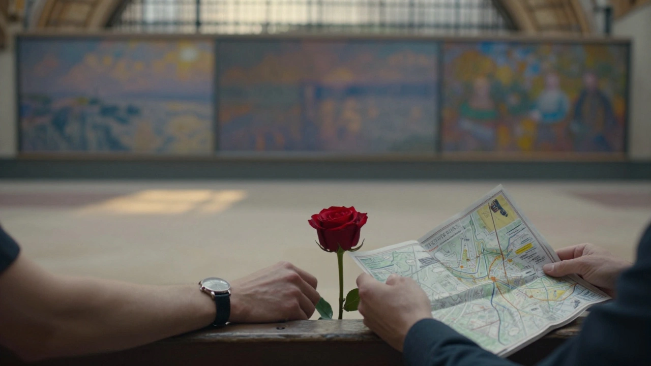 Hands rest on a museum bench with a map and rose, symbolizing connection without words.