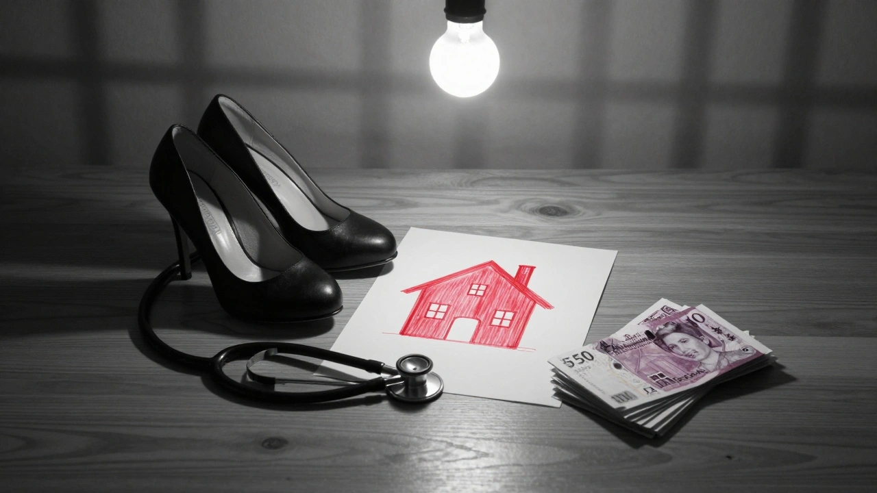 High-heeled shoes, a stethoscope, a child&#039;s drawing, and cash on a table, lit by a single bulb with shadowy bars across the floor.