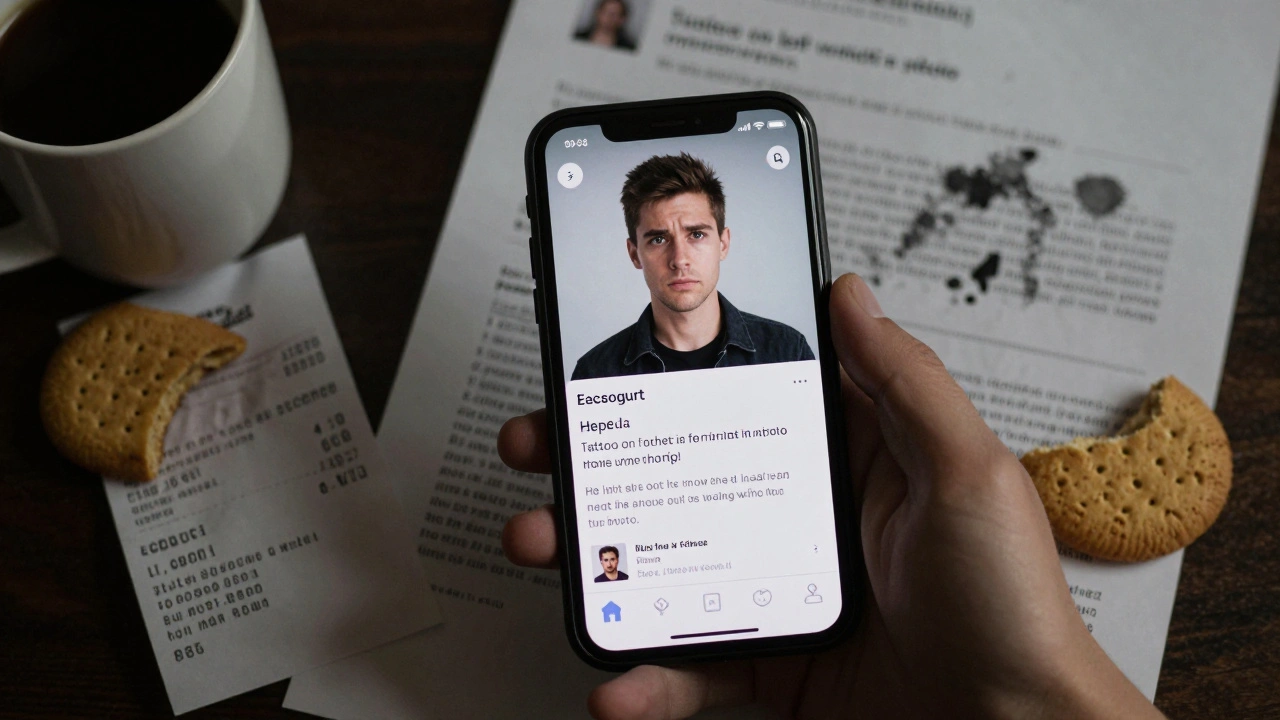 Smartphone showing a fake escort profile next to real, handwritten reviews with a receipt and coffee cup nearby.